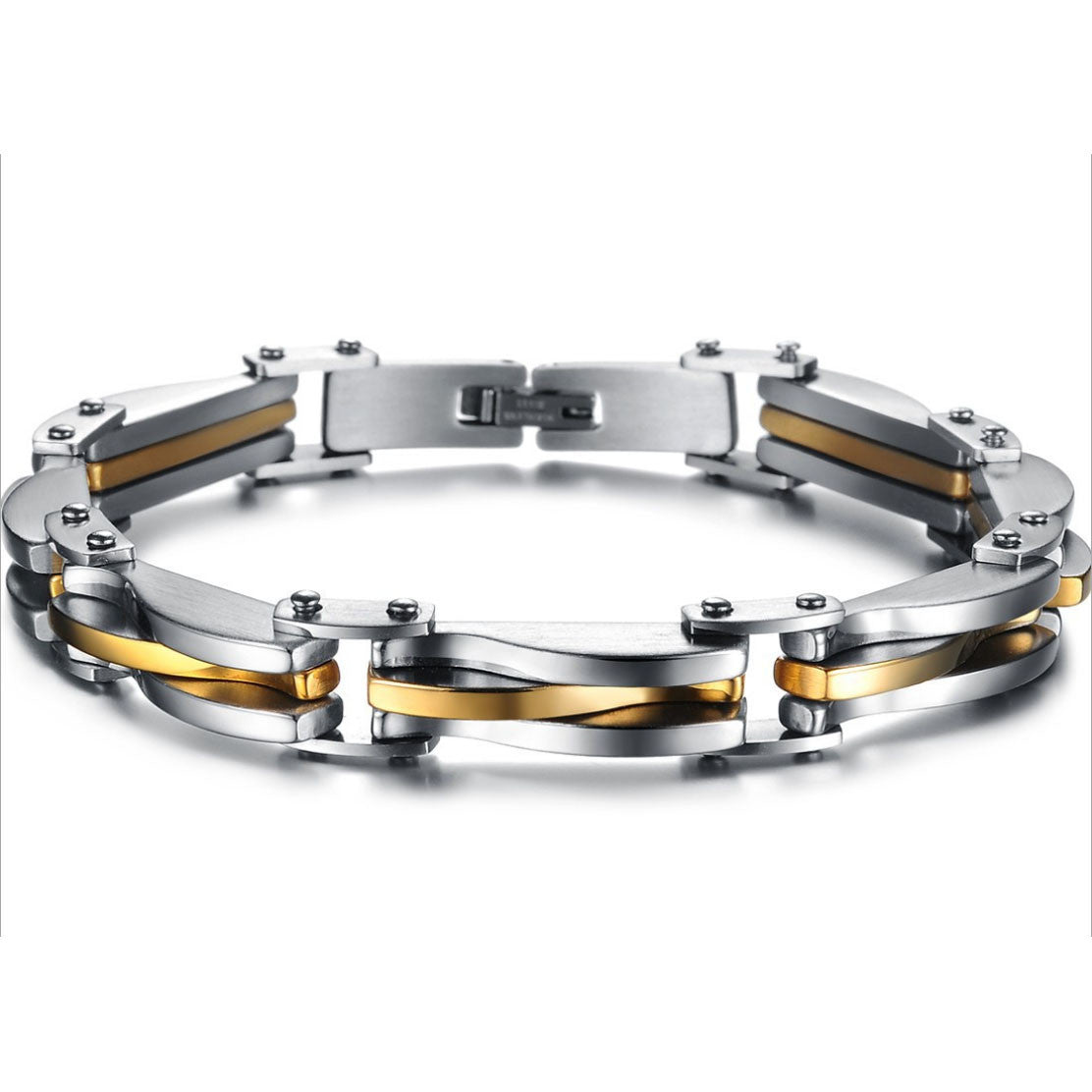 Boniskiss New Arrivals Two Tone Stainless Steel Men's Link Bracelet 8.66 Inch, Silver Golden Colour