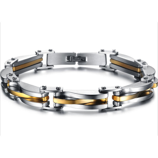 Boniskiss New Arrivals Two Tone Stainless Steel Men's Link Bracelet 8.66 Inch, Silver Golden Colour