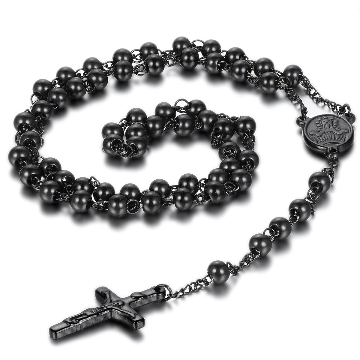 Boniskiss Mens Womens Stainless Steel Pendant Necklace Black Jesus Christ Crucifix Cross Rosary Vintage 29.7 Inch Chain