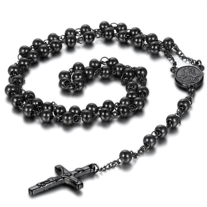 Boniskiss Mens Womens Stainless Steel Pendant Necklace Black Jesus Christ Crucifix Cross Rosary Vintage 29.7 Inch Chain