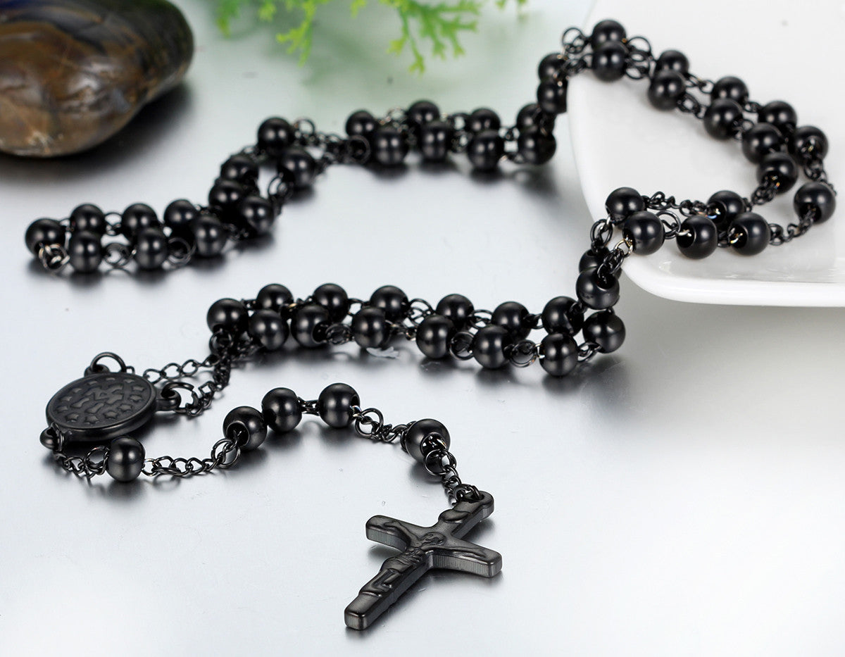Boniskiss Mens Womens Stainless Steel Pendant Necklace Black Jesus Christ Crucifix Cross Rosary Vintage 29.7 Inch Chain