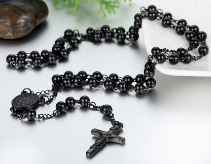 Boniskiss Mens Womens Stainless Steel Pendant Necklace Black Jesus Christ Crucifix Cross Rosary Vintage 29.7 Inch Chain