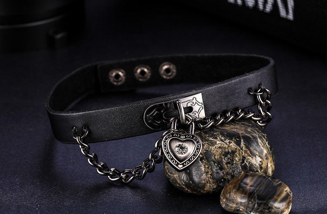 Boniskiss Collar Necklace Handmade Lock Heart Drop Pendant Black Leather Choker Necklace 15 inch for Women