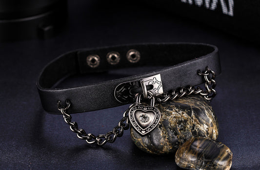 Boniskiss Collar Necklace Handmade Lock Heart Drop Pendant Black Leather Choker Necklace 15 inch for Women