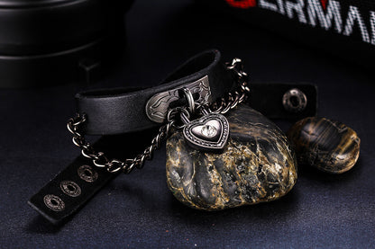 Boniskiss Collar Necklace Handmade Lock Heart Drop Pendant Black Leather Choker Necklace 15 inch for Women