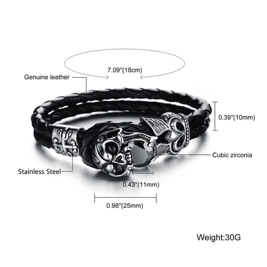Boniskiss Double Layers Black Leather Warp Bracelet Mens Vintage Skull Braided Wristband 7.09 Inch
