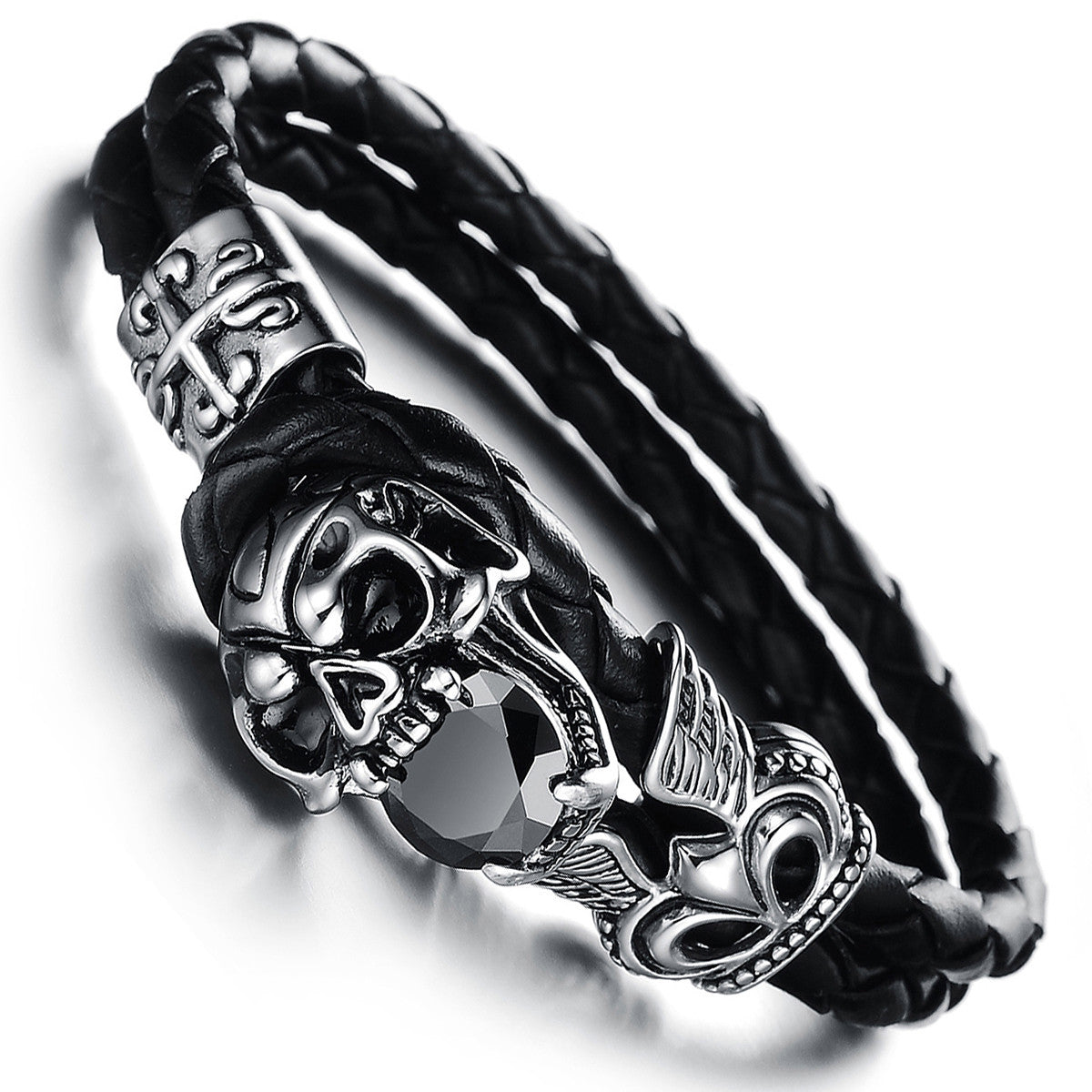 Boniskiss Double Layers Black Leather Warp Bracelet Mens Vintage Skull Braided Wristband 7.09 Inch