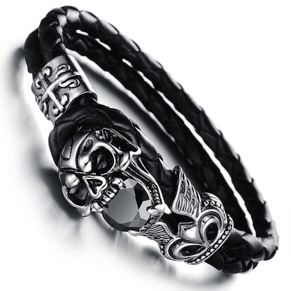 Boniskiss Double Layers Black Leather Warp Bracelet Mens Vintage Skull Braided Wristband 7.09 Inch