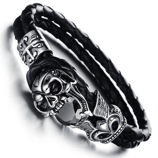 Boniskiss Double Layers Black Leather Warp Bracelet Mens Vintage Skull Braided Wristband 7.09 Inch