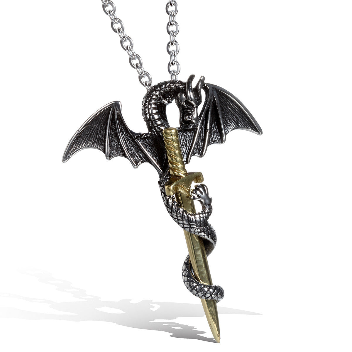 Boniskiss Vintage Style Stainless Steel Dragon Sword Pendant Biker Men's Necklace, 22 inch Chain, Colour Gold Black Silver