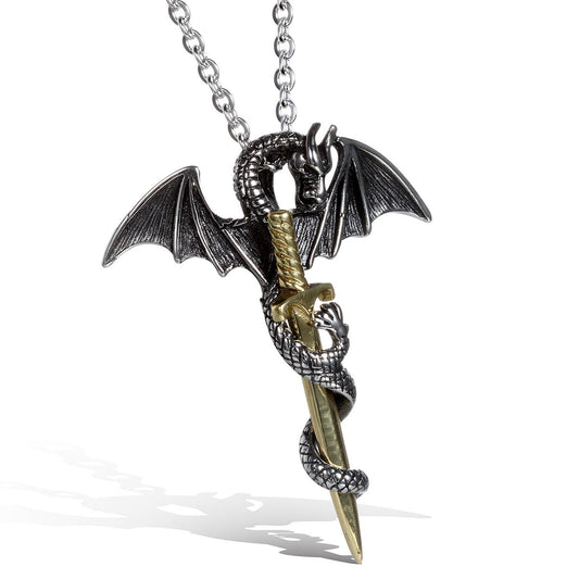 Boniskiss Vintage Style Stainless Steel Dragon Sword Pendant Biker Men's Necklace, 22 inch Chain, Colour Gold Black Silver