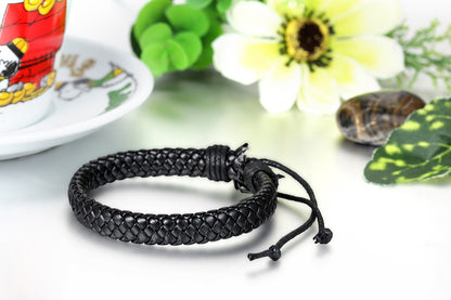 Boniskiss Classic Mens Black Braided Leather Bracelet Wristband Unisex Wrap Bracelet