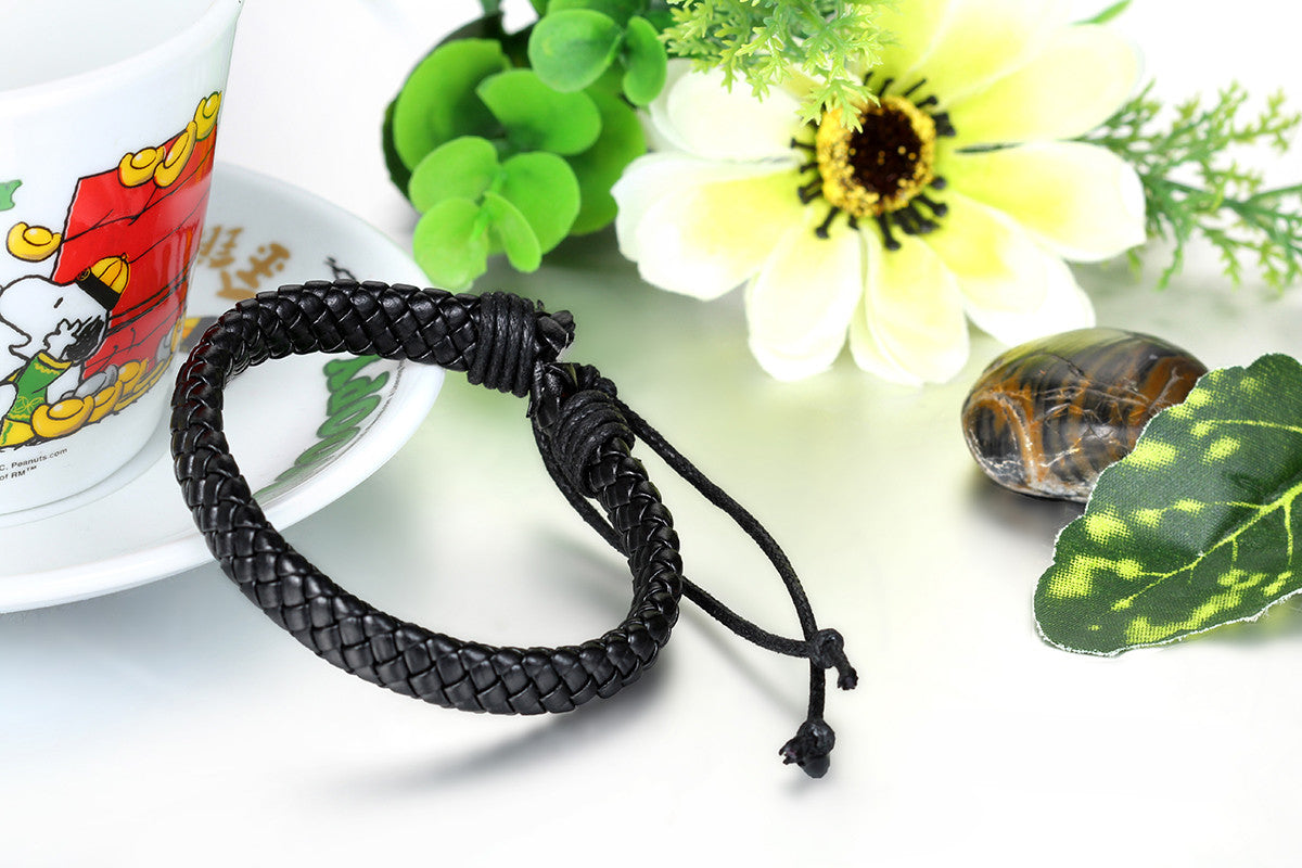Boniskiss Classic Mens Black Braided Leather Bracelet Wristband Unisex Wrap Bracelet