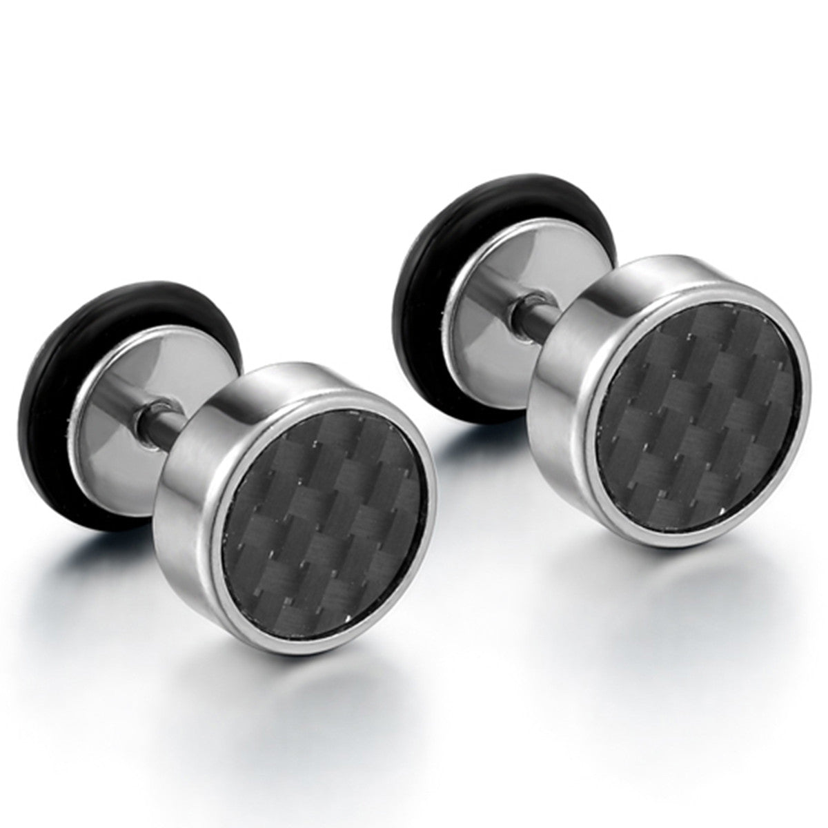 Boniskiss Pair of Men's 8mm Stainless Steel Stud Resin Carbon Fiber Earrings Black Tapers Cheater Faux Fake Ear Plugs Gauges Illusion Tunnel Non Pierce Body Jewellery