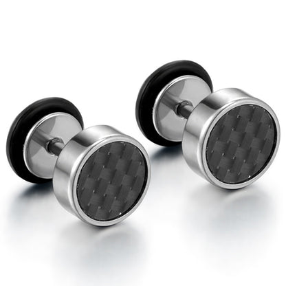 Boniskiss Pair of Men's 8mm Stainless Steel Stud Resin Carbon Fiber Earrings Black Tapers Cheater Faux Fake Ear Plugs Gauges Illusion Tunnel Non Pierce Body Jewellery