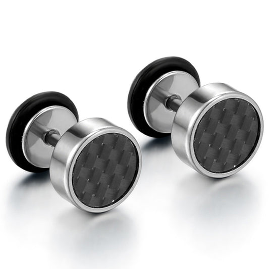 Boniskiss Pair of Men's 8mm Stainless Steel Stud Resin Carbon Fiber Earrings Black Tapers Cheater Faux Fake Ear Plugs Gauges Illusion Tunnel Non Pierce Body Jewellery