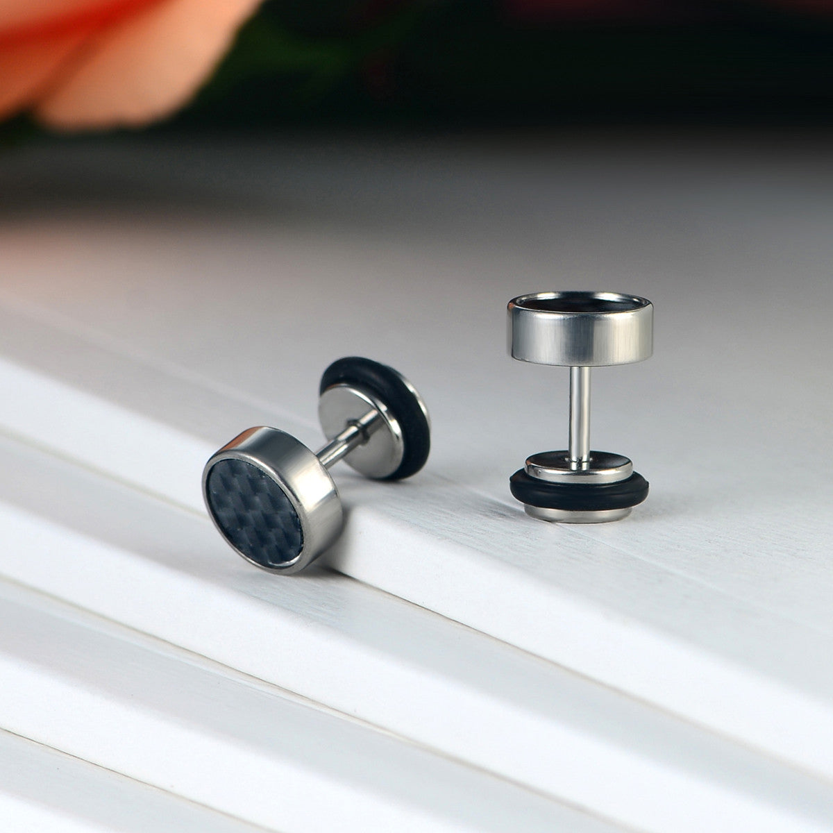 Boniskiss Pair of Men's 8mm Stainless Steel Stud Resin Carbon Fiber Earrings Black Tapers Cheater Faux Fake Ear Plugs Gauges Illusion Tunnel Non Pierce Body Jewellery