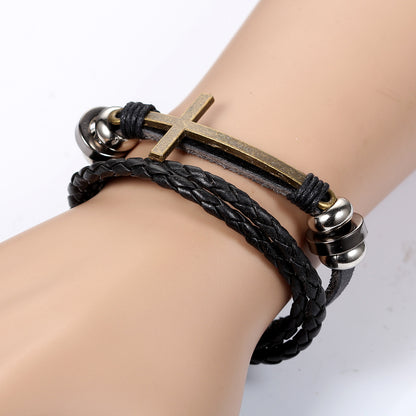 Boniskiss Leather Bracelet Vintage Golden Cross Charm