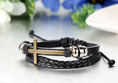 Boniskiss Leather Bracelet Vintage Golden Cross Charm