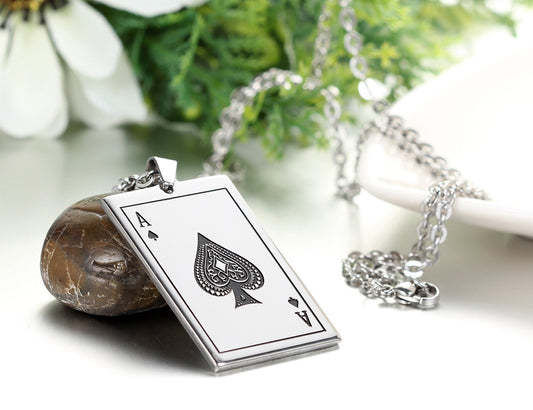 Boniskiss Stainless Steel Ace of Spades Card Poker Pendant Mens Womens Necklace 22 inch Chain