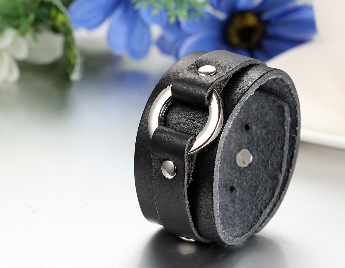 Boniskiss Wide Leather Mens Punk Rock Bangle Cuff Bracelet