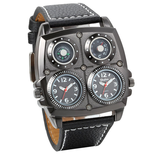 Boniskiss Father Day Gifts Mens Dual Time Zone Army Military Large Sport Quartz Watch Black with Decorative Compass Thermometer