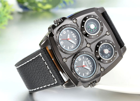 Boniskiss Father Day Gifts Mens Dual Time Zone Army Military Large Sport Quartz Watch Black with Decorative Compass Thermometer