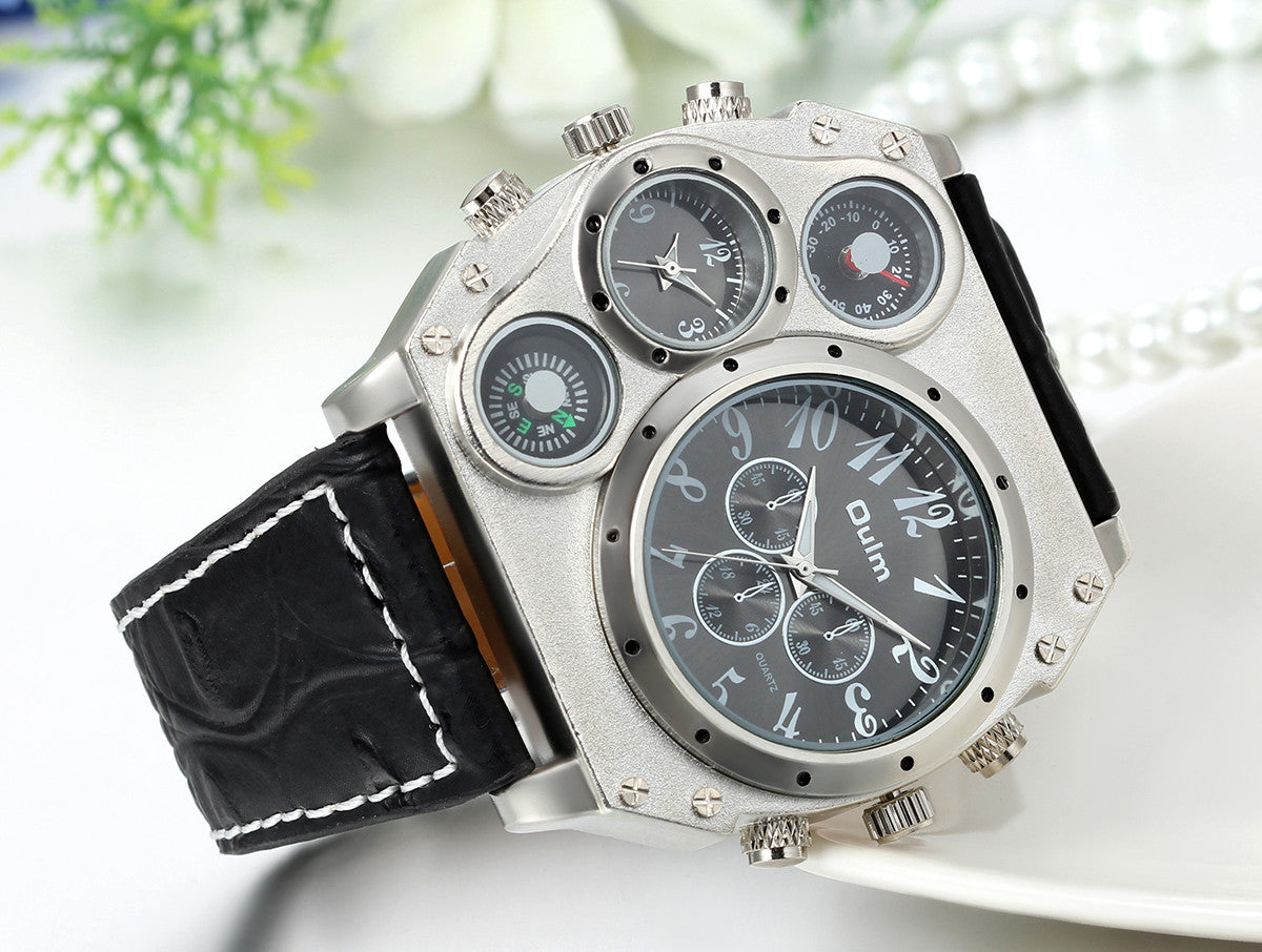 Boniskiss Watch Compass Temperature Six Pointers Large Dial Dual Time Zones Black