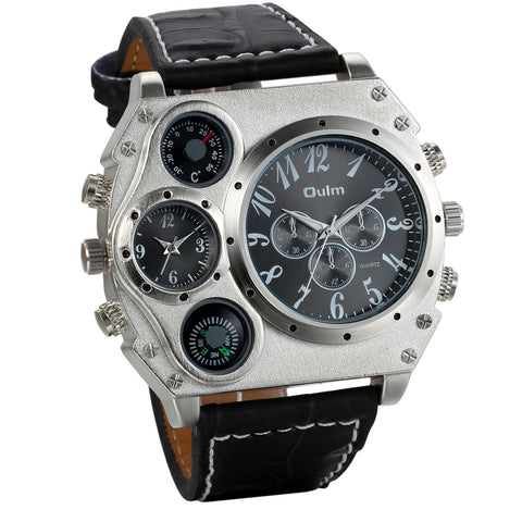 Boniskiss Watch Compass Temperature Six Pointers Large Dial Dual Time Zones Black