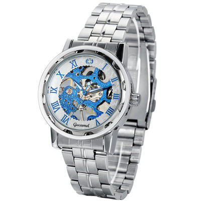 Boniskiss Skeleton Blue Dial Stainless Steel Band Hand-Wind Mechanical Mens Men Wrist Watch