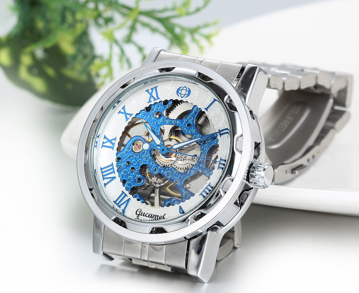 Boniskiss Skeleton Blue Dial Stainless Steel Band Hand-Wind Mechanical Mens Men Wrist Watch