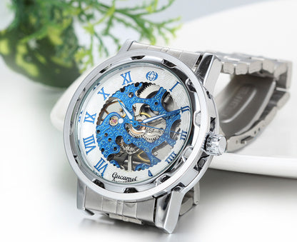 Boniskiss Skeleton Blue Dial Stainless Steel Band Hand-Wind Mechanical Mens Men Wrist Watch