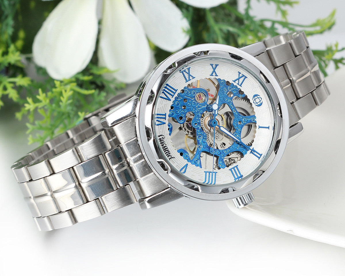 Boniskiss Skeleton Blue Dial Stainless Steel Band Hand-Wind Mechanical Mens Men Wrist Watch