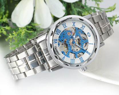 Boniskiss Skeleton Blue Dial Stainless Steel Band Hand-Wind Mechanical Mens Men Wrist Watch