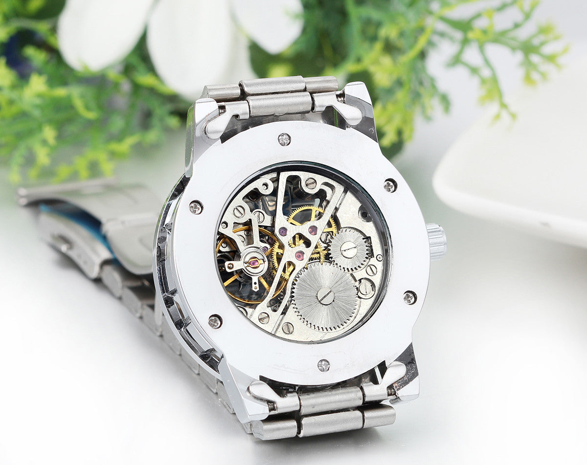 Boniskiss Skeleton Blue Dial Stainless Steel Band Hand-Wind Mechanical Mens Men Wrist Watch