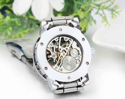 Boniskiss Skeleton Blue Dial Stainless Steel Band Hand-Wind Mechanical Mens Men Wrist Watch