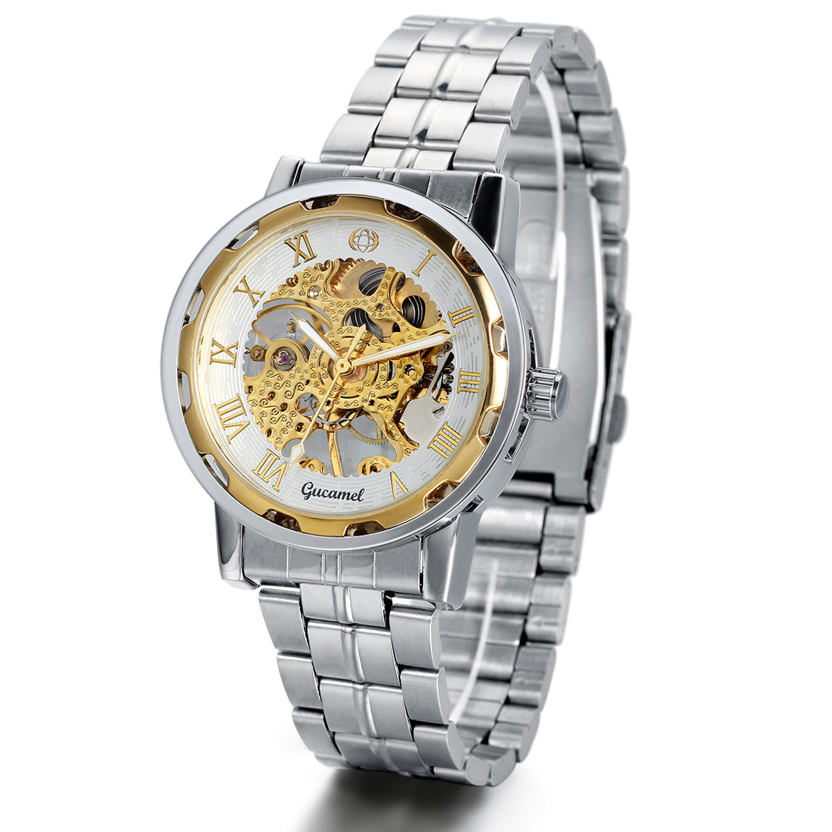 Boniskiss Golden Skeleton Dial Hand-Wind Mechanical Mens Stainless Steel Watch