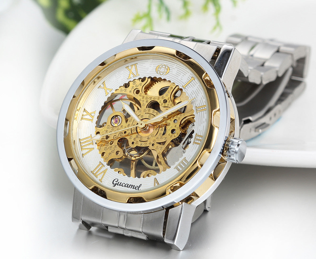 Boniskiss Golden Skeleton Dial Hand-Wind Mechanical Mens Stainless Steel Watch