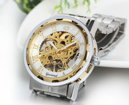 Boniskiss Golden Skeleton Dial Hand-Wind Mechanical Mens Stainless Steel Watch