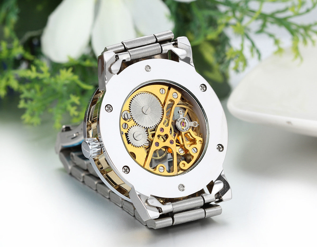 Boniskiss Golden Skeleton Dial Hand-Wind Mechanical Mens Stainless Steel Watch