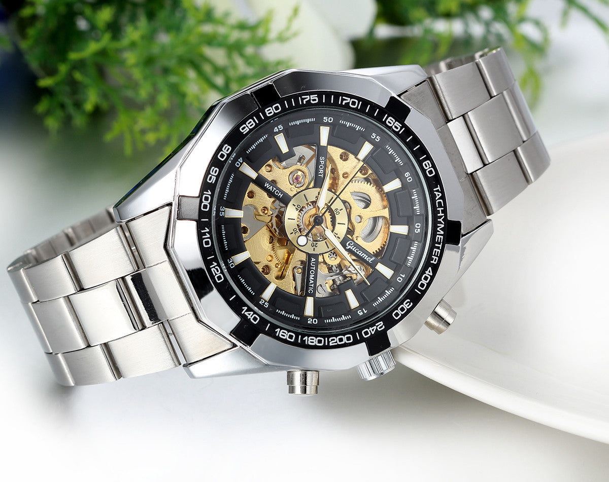 Boniskiss Watch for Men - Skeleton Mens Stainless Steel Band Black Bezel Automatic Mechanical Sport Wrist Watch