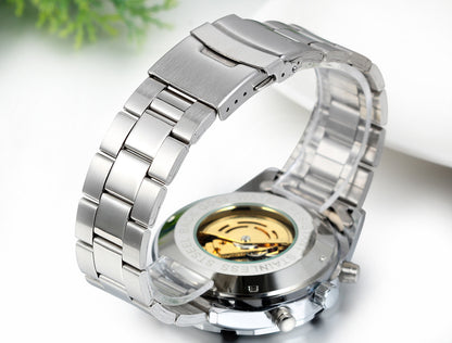 Boniskiss Watch for Men - Skeleton Mens Stainless Steel Band Black Bezel Automatic Mechanical Sport Wrist Watch