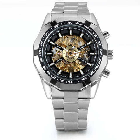 Boniskiss Watch for Men - Skeleton Mens Stainless Steel Band Black Bezel Automatic Mechanical Sport Wrist Watch