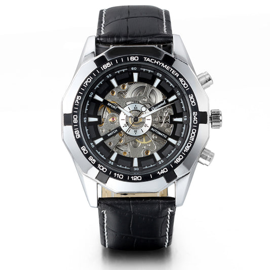 Boniskiss Mens Automatic Mechanical Skeleton Watch Black Leather