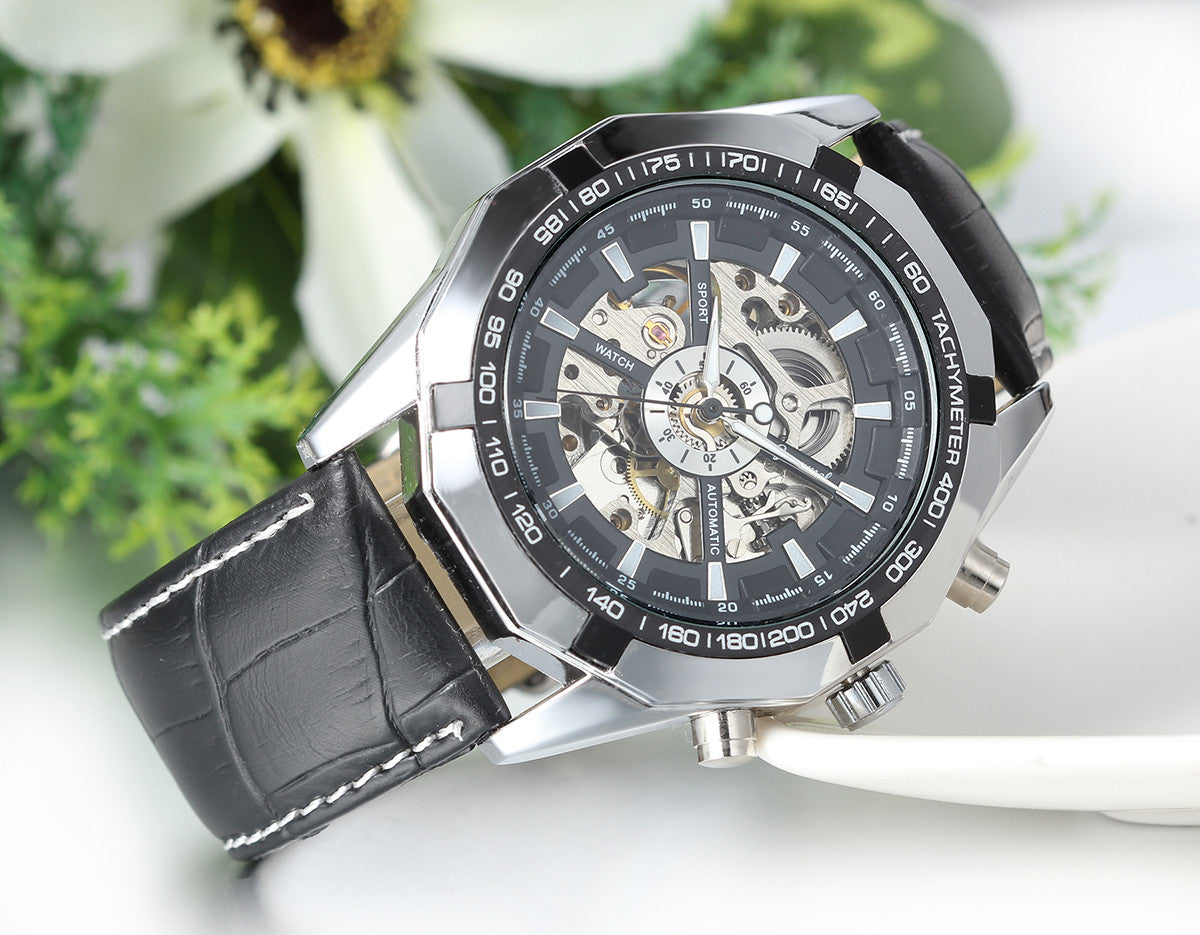 Boniskiss Mens Automatic Mechanical Skeleton Watch Black Leather