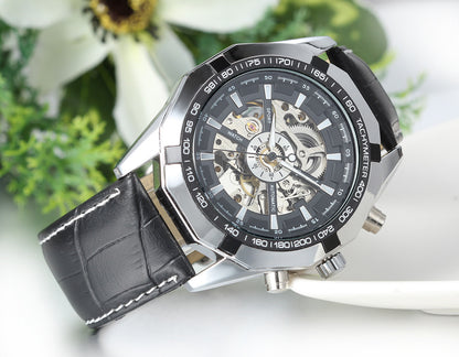 Boniskiss Mens Automatic Mechanical Skeleton Watch Black Leather