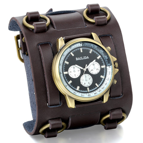Boniskiss Gothic Leathernk Style Mens Wrist Watch 74MM Wide Brown Leather Cuff Watches Hip Hop