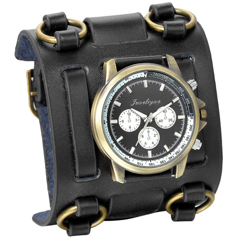 Boniskiss Leather Cuff Watches Gothic Leathernk Style Mens Wrist Watch 74MM Wide
