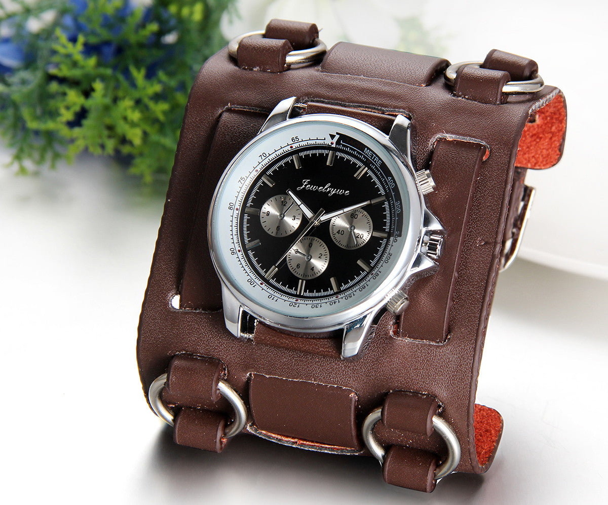 Boniskiss Hip-hop Gothic Leathernk Style Mens Wrist Watch 74MM Wide Brown Leather Cuff Watches