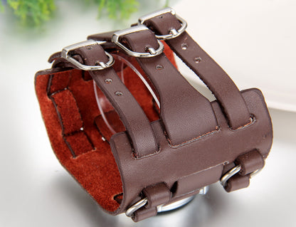 Boniskiss Hip-hop Gothic Leathernk Style Mens Wrist Watch 74MM Wide Brown Leather Cuff Watches